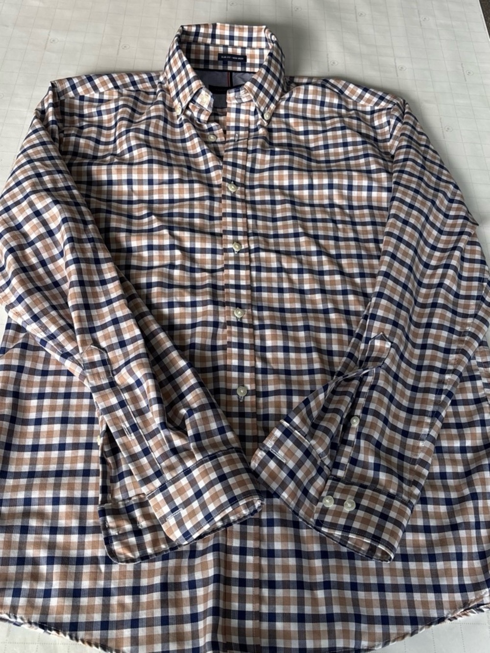 Tommy Hilfiger Men's Blue and Tan Check Button-Down Shirt